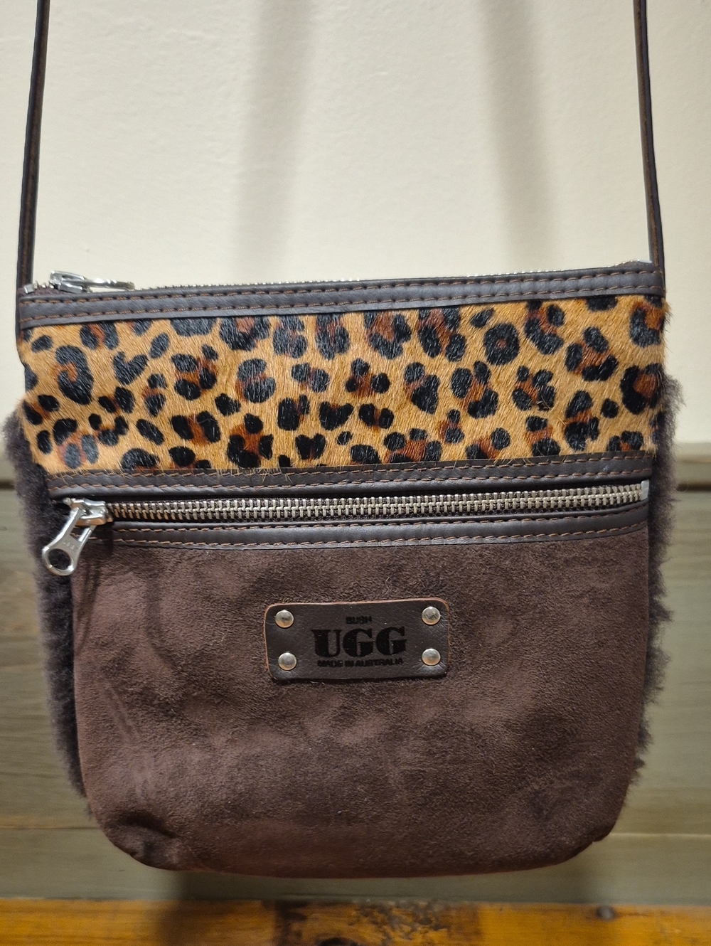 UGG Brown Suede Crossbody with Leopard Fur Accent